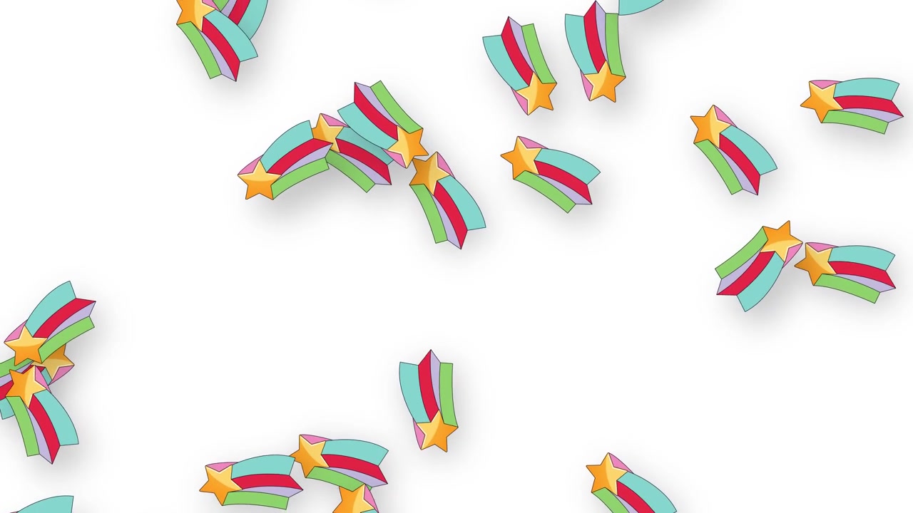 Colorful vintage style shooting stars fall vertically through white space with soft drop shadows.