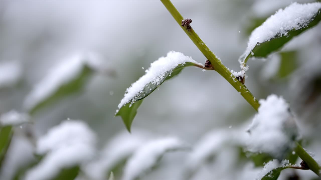 Gorgeous macro shot capturing intricate snowflakes gently piling up on the leaves and stem of a vibrant green plant, showcasing the delicate beauty of nature in winter.