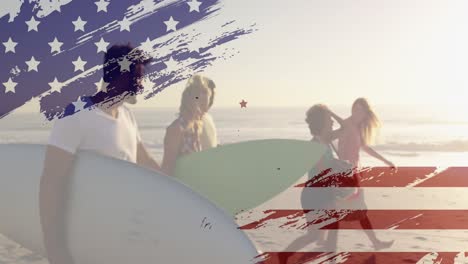 animation of flag of america over diverse friends walking with surfing walking towards ocean