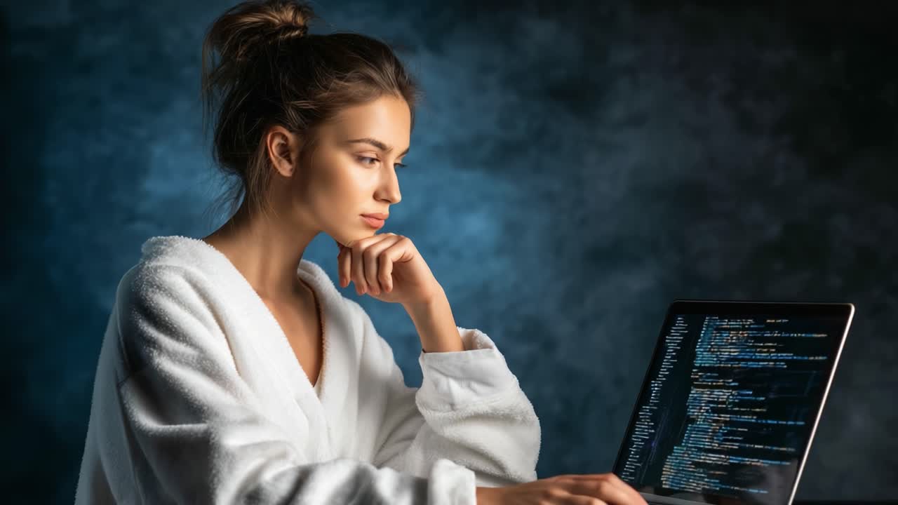 A Thoughtful Coder in a Cozy Robe: Captivating Moments of Focus and Introspection While Programming on a Laptop in a Mysterious Atmosphere