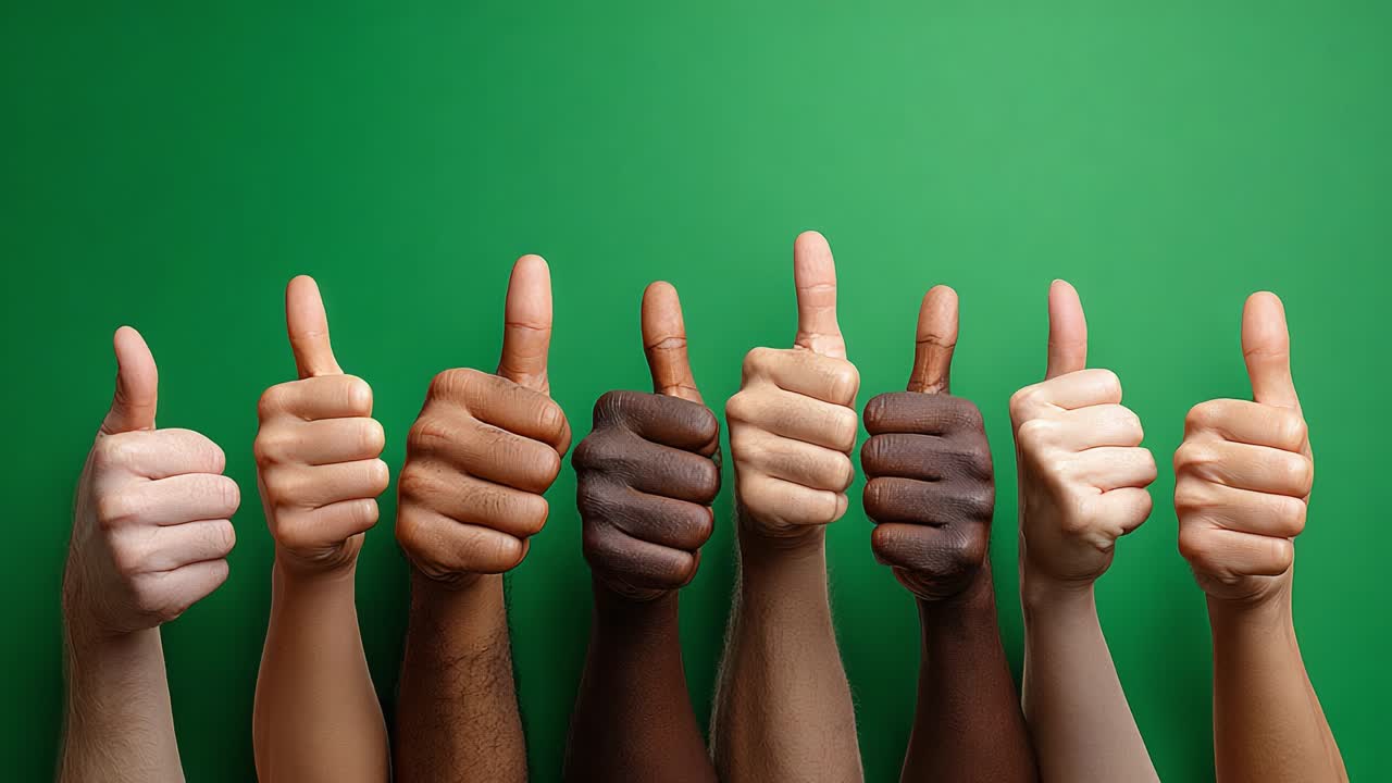 Un signe de solidarité : un groupe diversifié de mains avec des pouces levés sur un fond vert vif, célébrant l’unité et les ondes positives