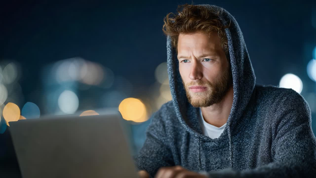En fokuseret, ung mand i en hættetrøje fordybet i koncentration, mens han arbejder på en bærbar computer om natten, omgivet af et sløret bymiljø med byens lys, der skinner i baggrunden