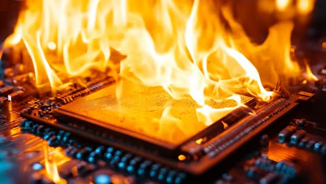 una placa base de computadora en llamas con una cpu en la parte superior