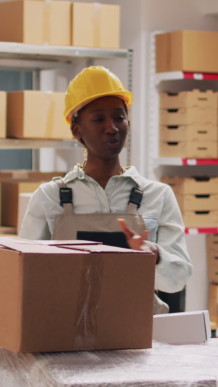 Vertical video: Young supervisor advertising goods in packages