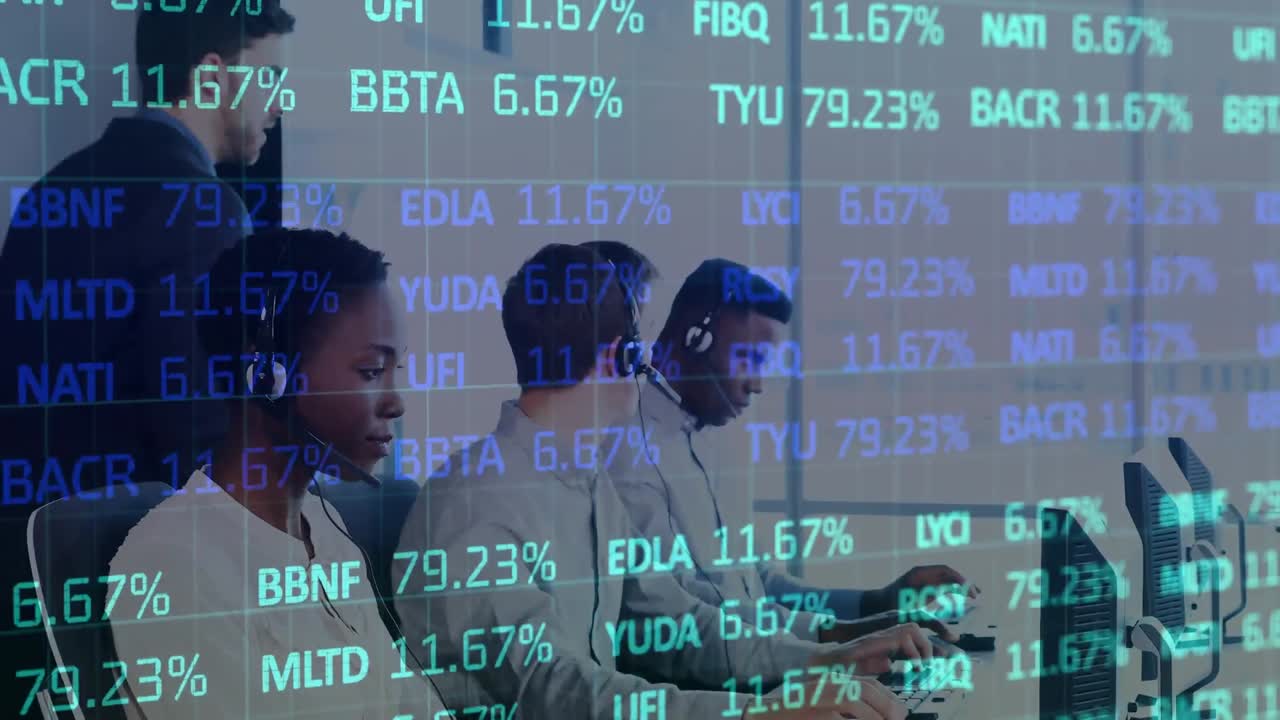 Animation of trading board, multiracial manager checking on coworkers working on desktops at office