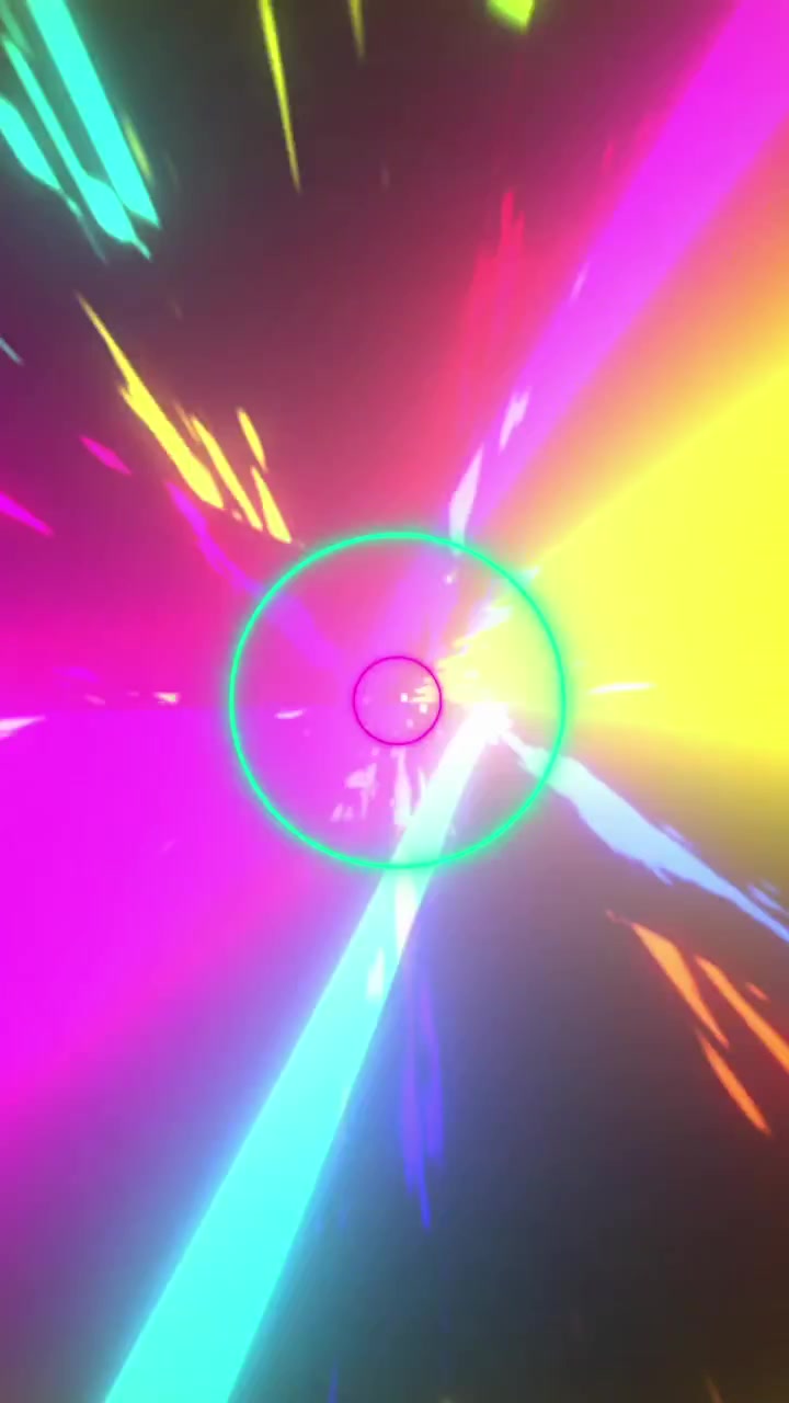 Animazione di cerchi al neon blu e verdi che si muovono in un loop continuo su scie luminose.