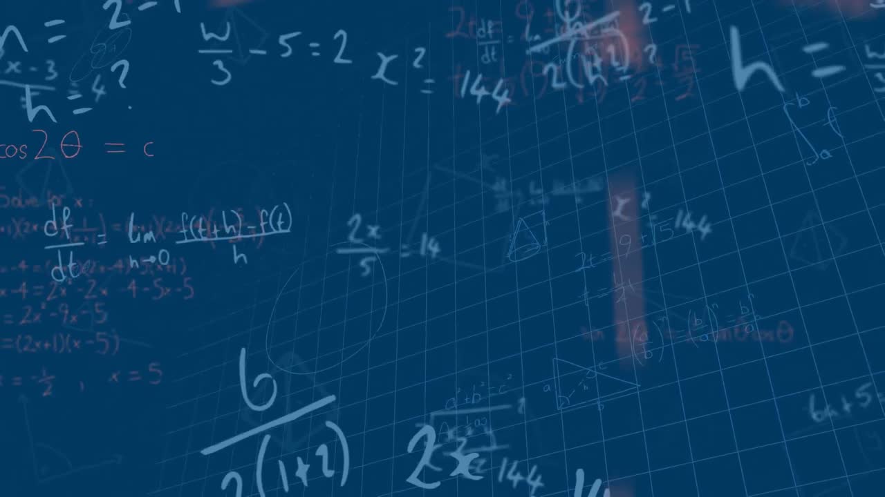 animación de ecuaciones matemáticas y diagramas flotando sobre la red de cuadrícula contra un fondo azul