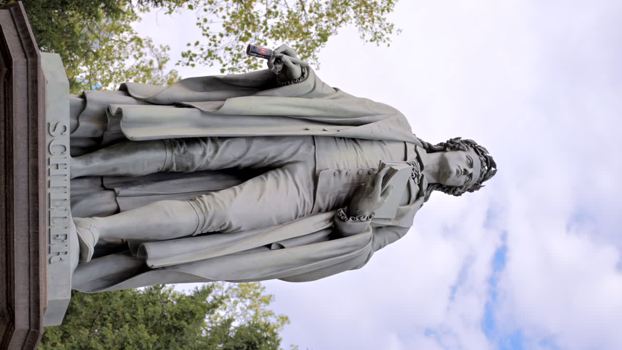 Friedrich Schiller monument in the Taunusanlage, Frankfurt, Germany. Vertical