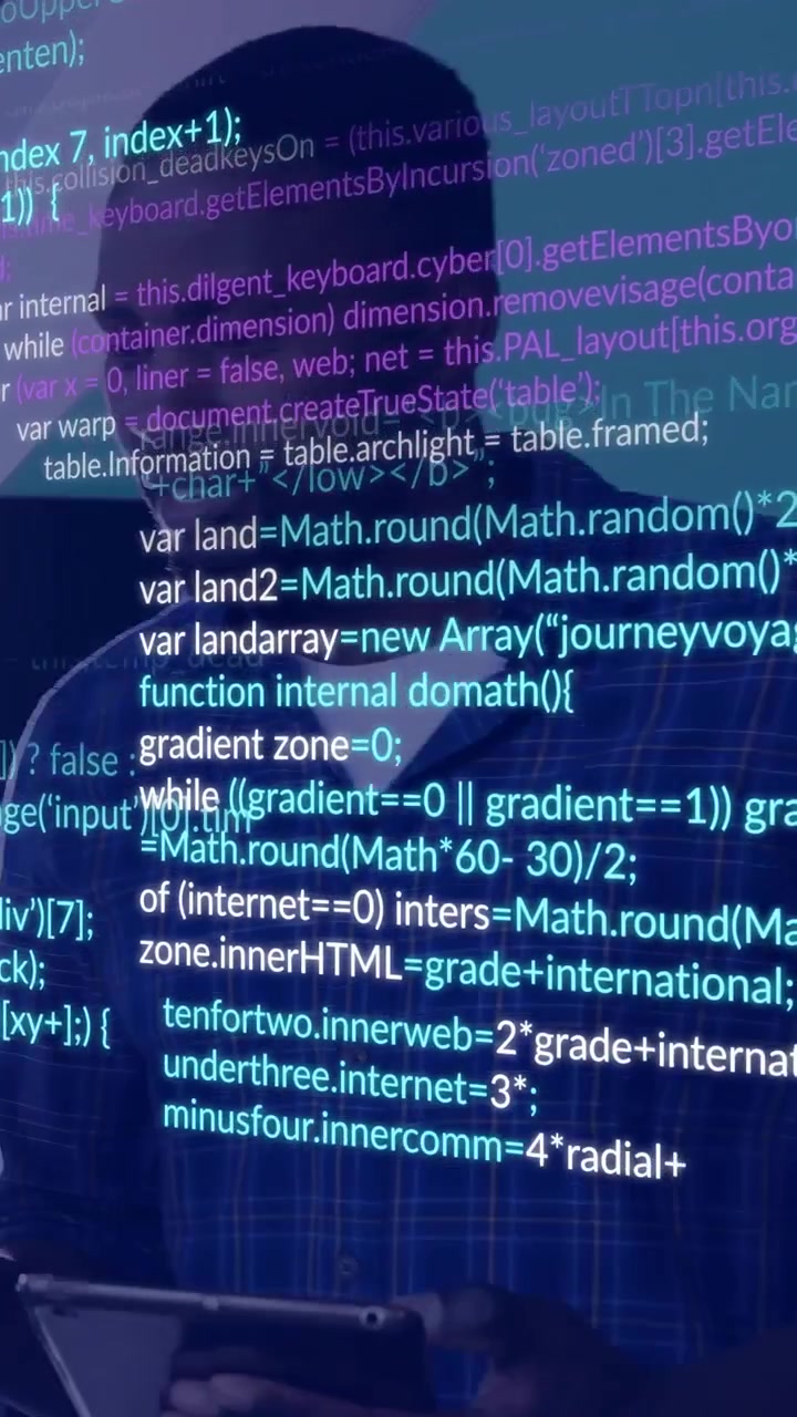 Vertical video: Man using phone causing code overlay debugging app while cyan text sweeping across