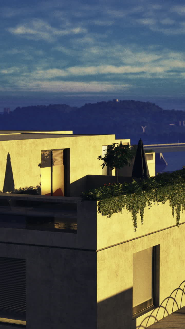 Modern architecture illuminated at dusk overlooking the river