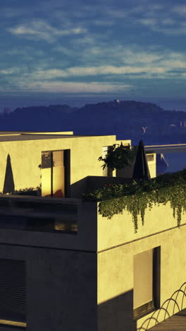 modern architecture illuminated at dusk overlooking the river