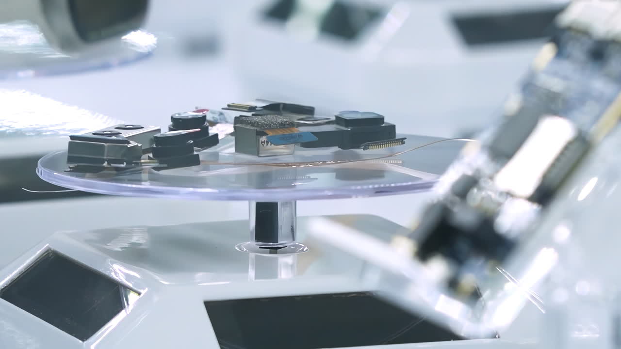 Technology electronic chip product components turntable display, electric devices Production Industry, component Installation fop Circuit Board