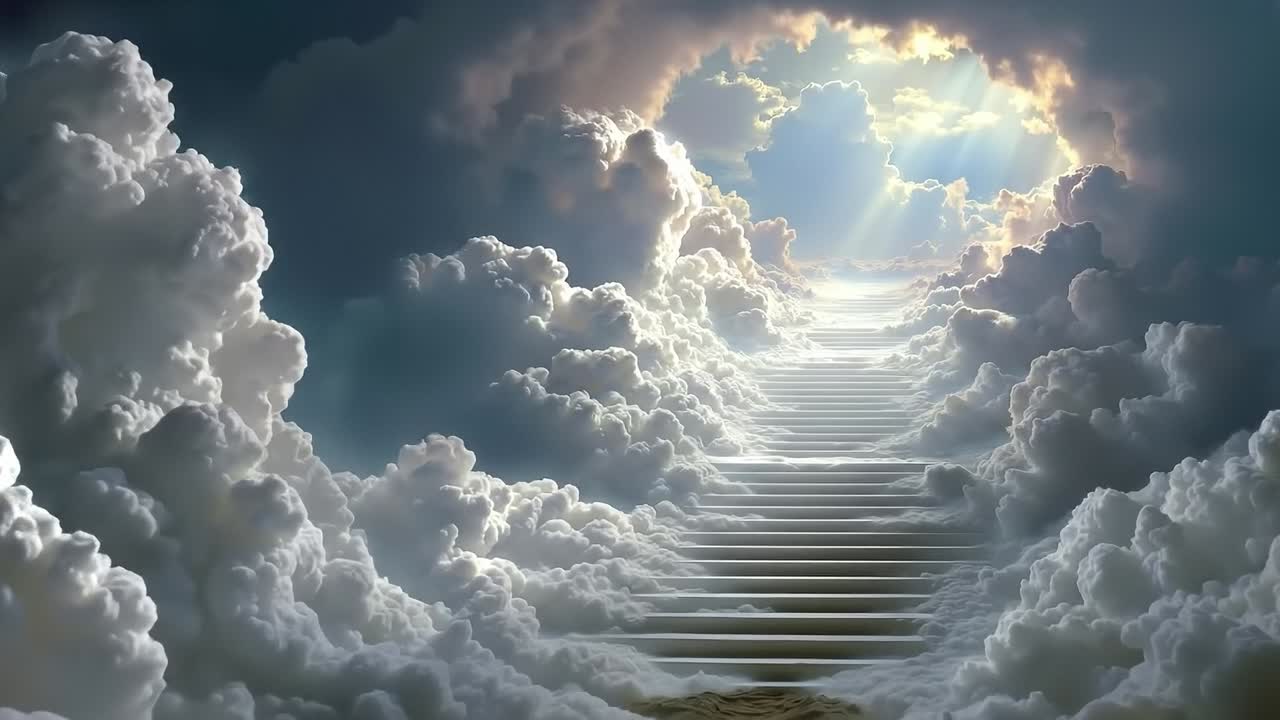 A stairway leading up to the sky with clouds in the background