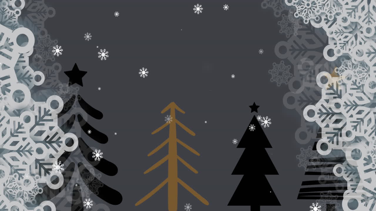 animación de copos de nieve cayendo sobre los íconos del árbol de navidad contra un fondo gris con espacio de copia