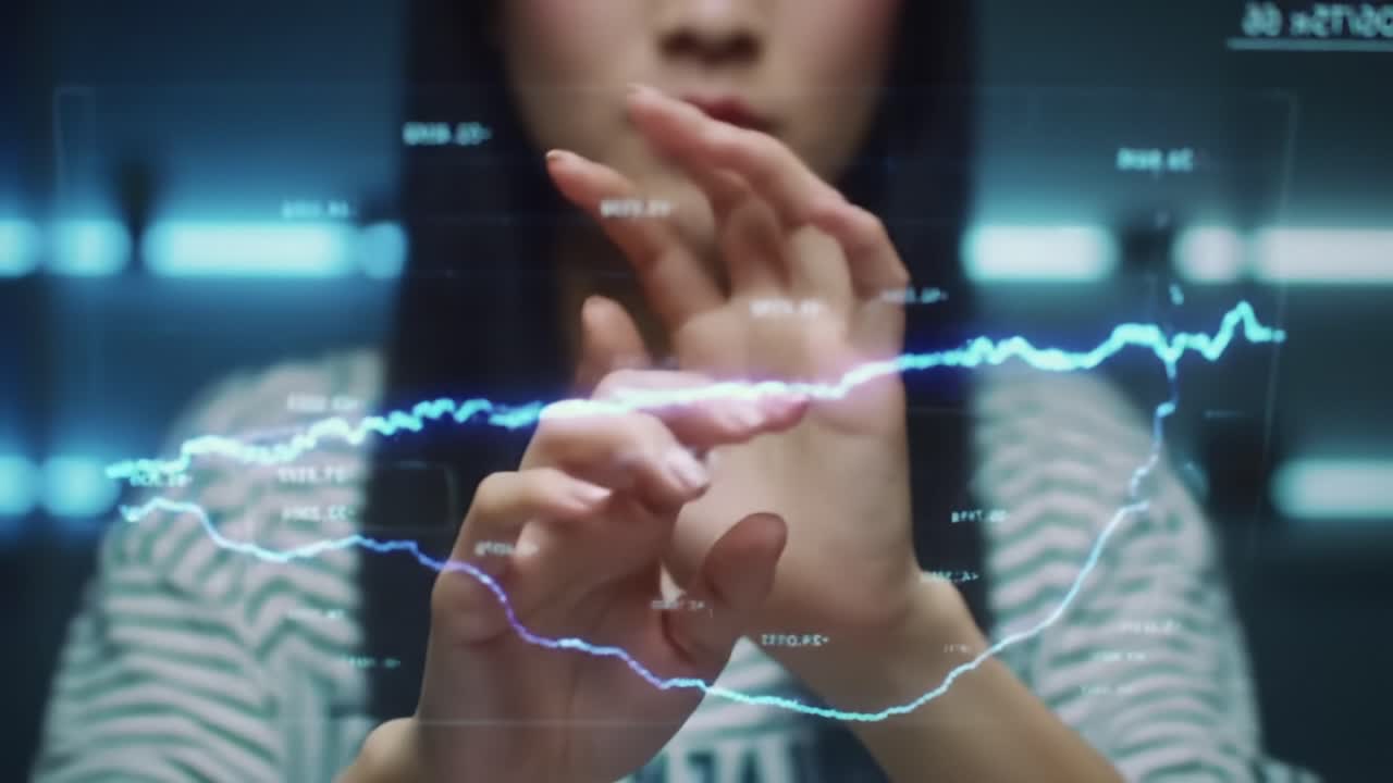 A woman interacting with a futuristic holographic interface, analyzing data patterns through gestural controls in a visually dynamic environment