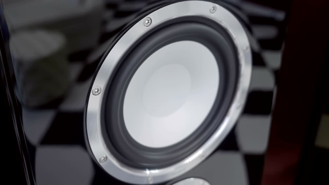 recubierto con laca de piano, los altavoces de alta gama negra reflejan el espacio circundante