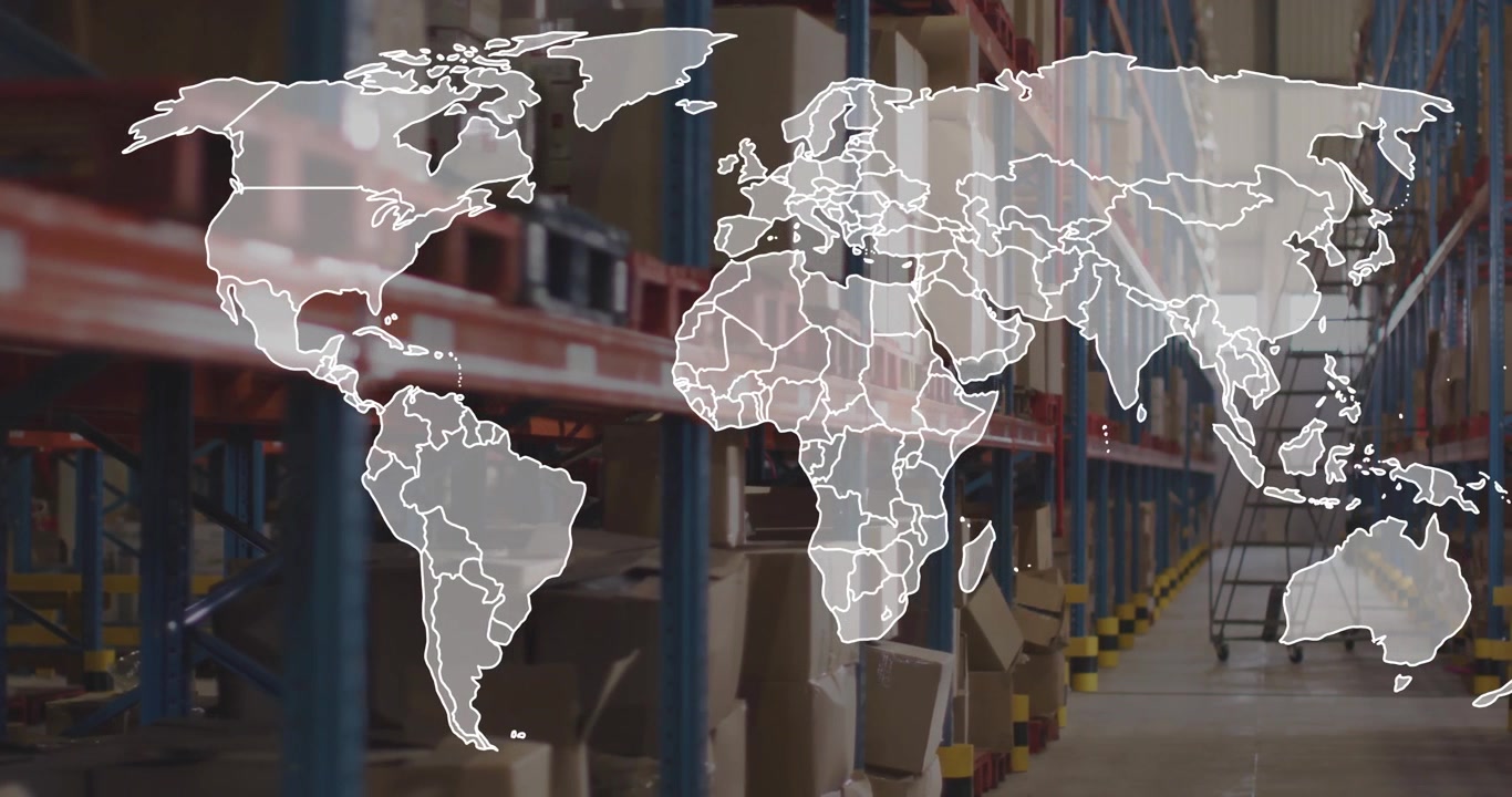 Red logística global visualizada sobre estanterías de almacén con cajas, escalera y diseño plano.