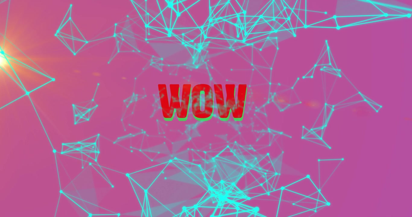 Animation of wow text in red letters over network of connections on pink background