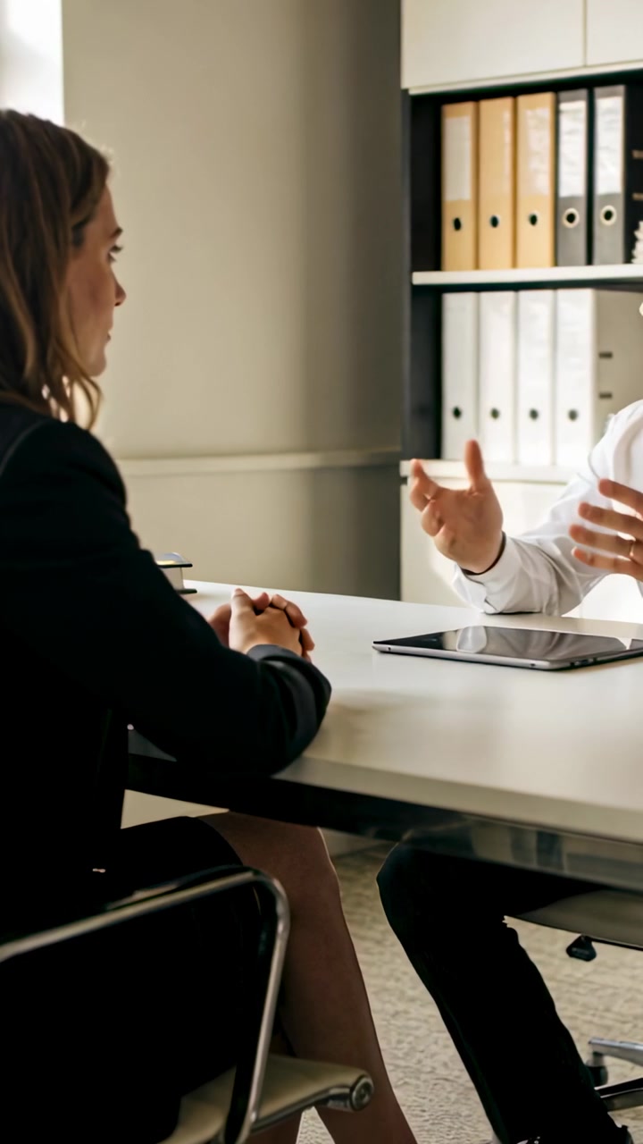Vertical video: Asking manager encouraging woman in dark blazer during interview at table tablet