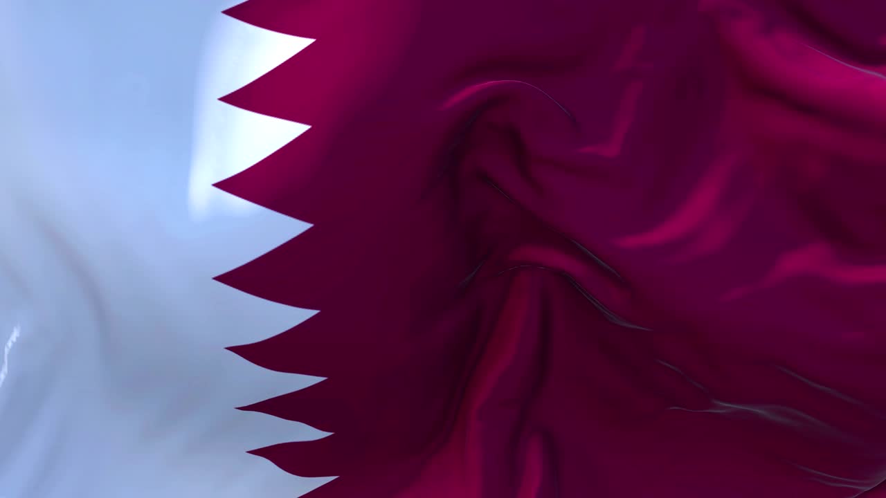 Bandiera del Qatar che sventola al vento in animazione slow motion. Bandiera 4K con texture di tessuto realistica che si muove fluidamente in una giornata ventosa. Sfondo in loop continuo e senza soluzione di continuità.