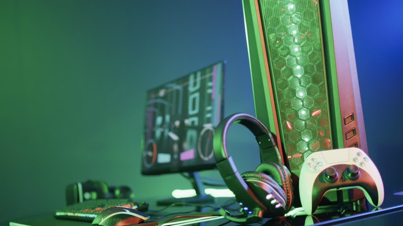видео игрового компьютера и игрового оборудования на столе с копировальным пространством на неоновом фоне