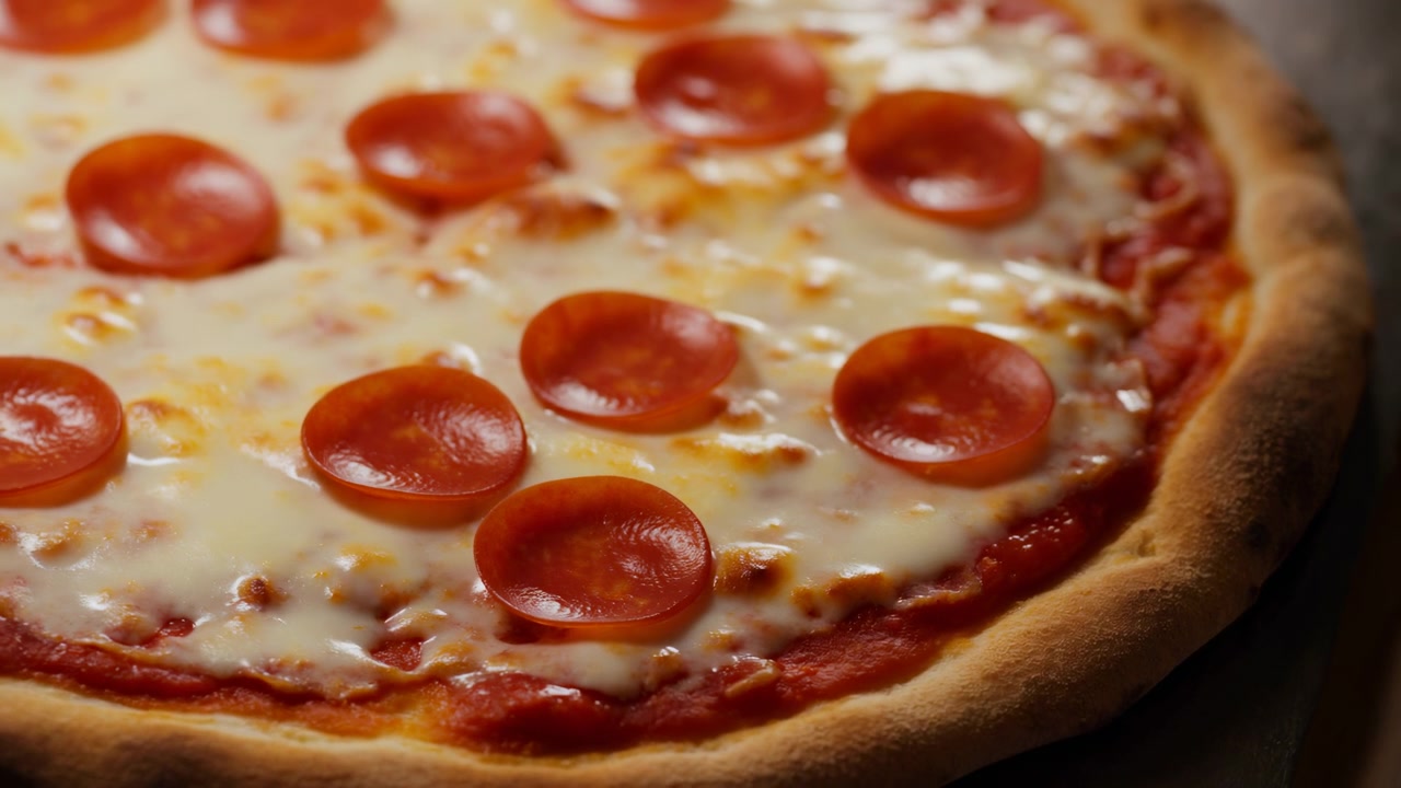 Primo piano di una pizza ai peperoni che mostra mozzarella fusa, fette rotonde di pepperoni, salsa di pomodoro e una crosta dorata e cotta su un tavolo di legno scuro con illuminazione direzionale calda