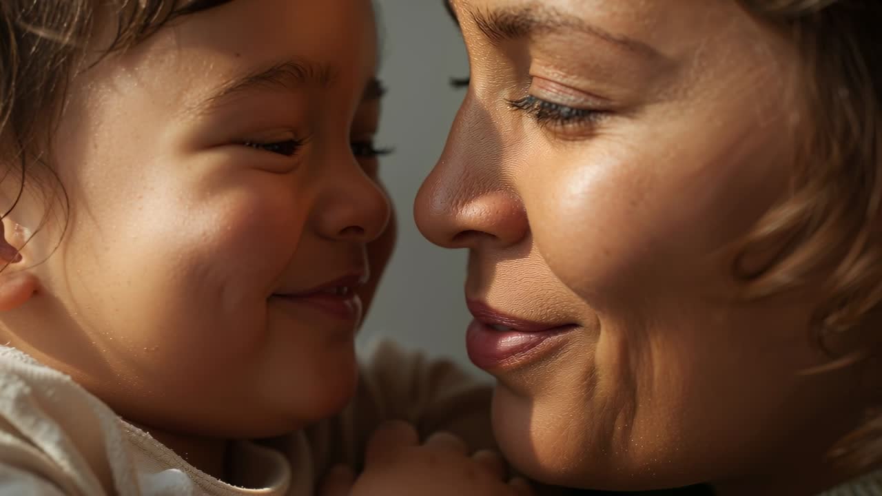 Stirnen aneinandergelehnt, Mama und Kleinkind lächeln im sanften Licht des Wohnzimmers, helles Oberteil, Hand an der Wange.