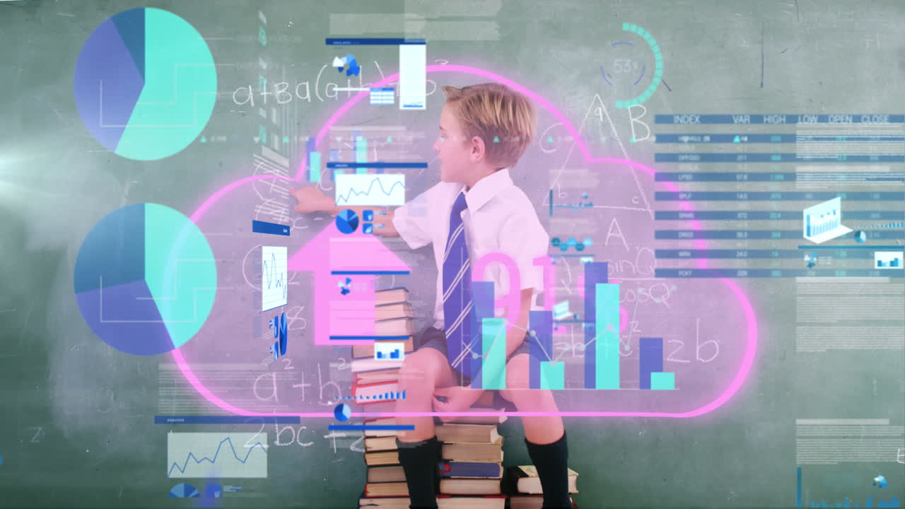 Animation of cloud with data processing over caucasian schoolboy