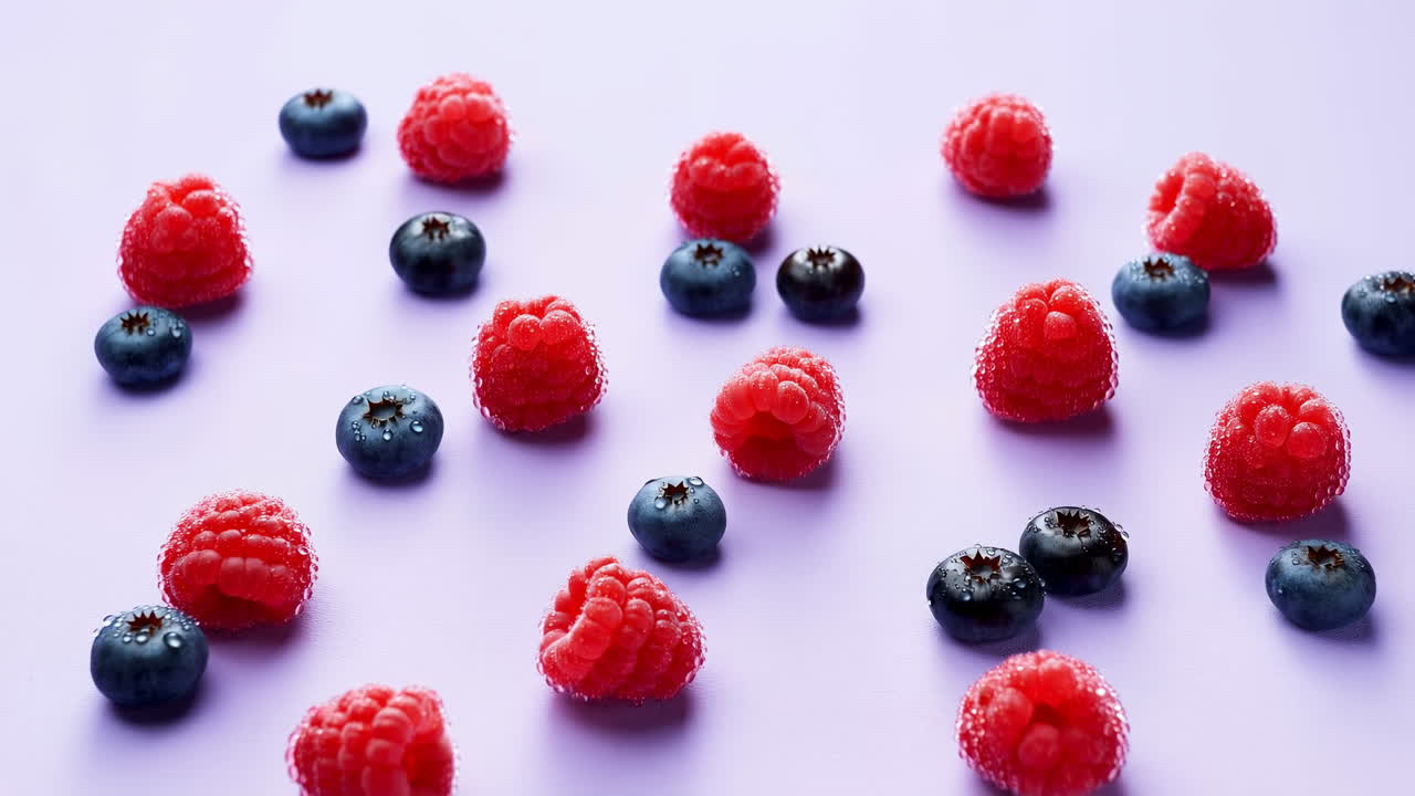 Scattered Raspberries And Blueberries On Purple Backdrop, Minimalist Flat Composition With Pastel Tones,