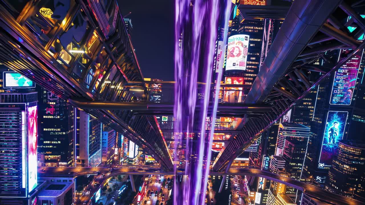 Glowing neon light streams down like a waterfall through a dense, futuristic cityscape, illuminating buildings and streets with vibrant colors at night