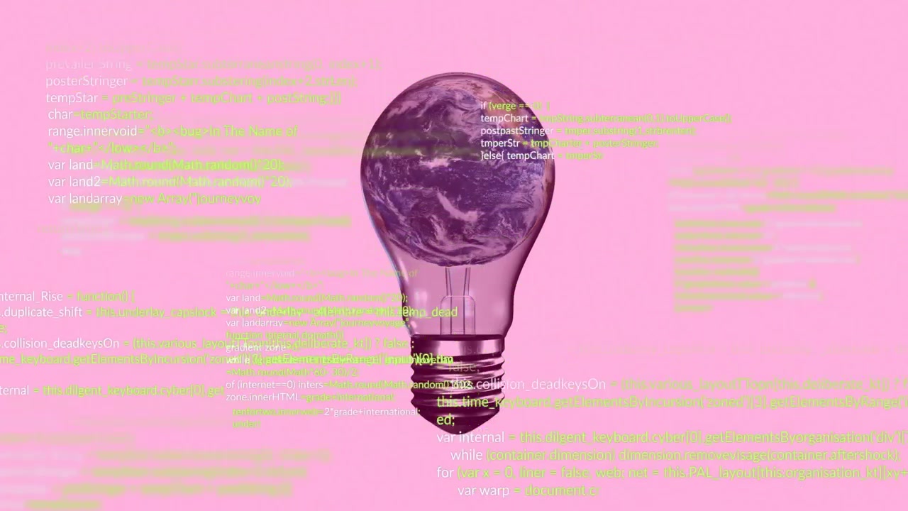 Lampadina con la Terra all'interno sopra un'animazione di codice verde su sfondo rosa