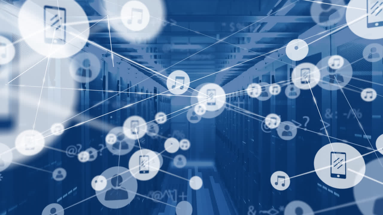 아이콘과 데이터 처리와 서버  ⁇ 을 통한 연결 네트워크의 애니메이션