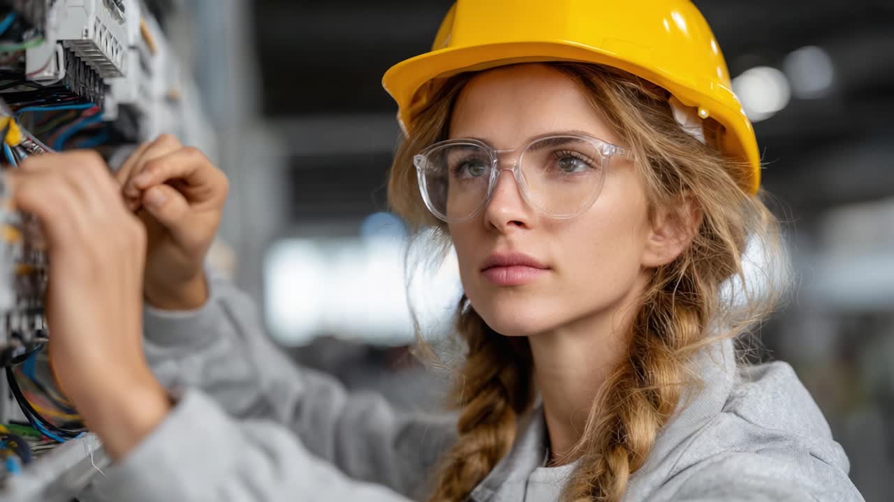 Focused Electrical Technician in Safety Gear Working on Circuitry with Precision and Care, Showcasing Skills in an Industrial Environment