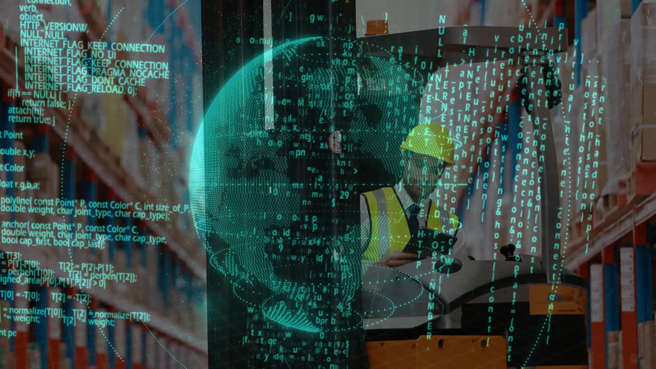 Digital globe and coding animation over construction worker operating machinery