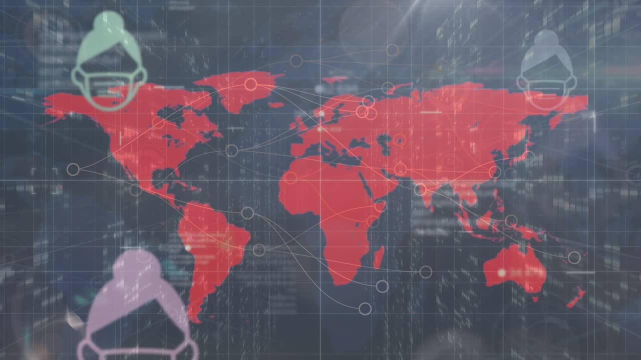 animación de iconos sobre el mapa del mundo con procesamiento de datos y red de conexiones