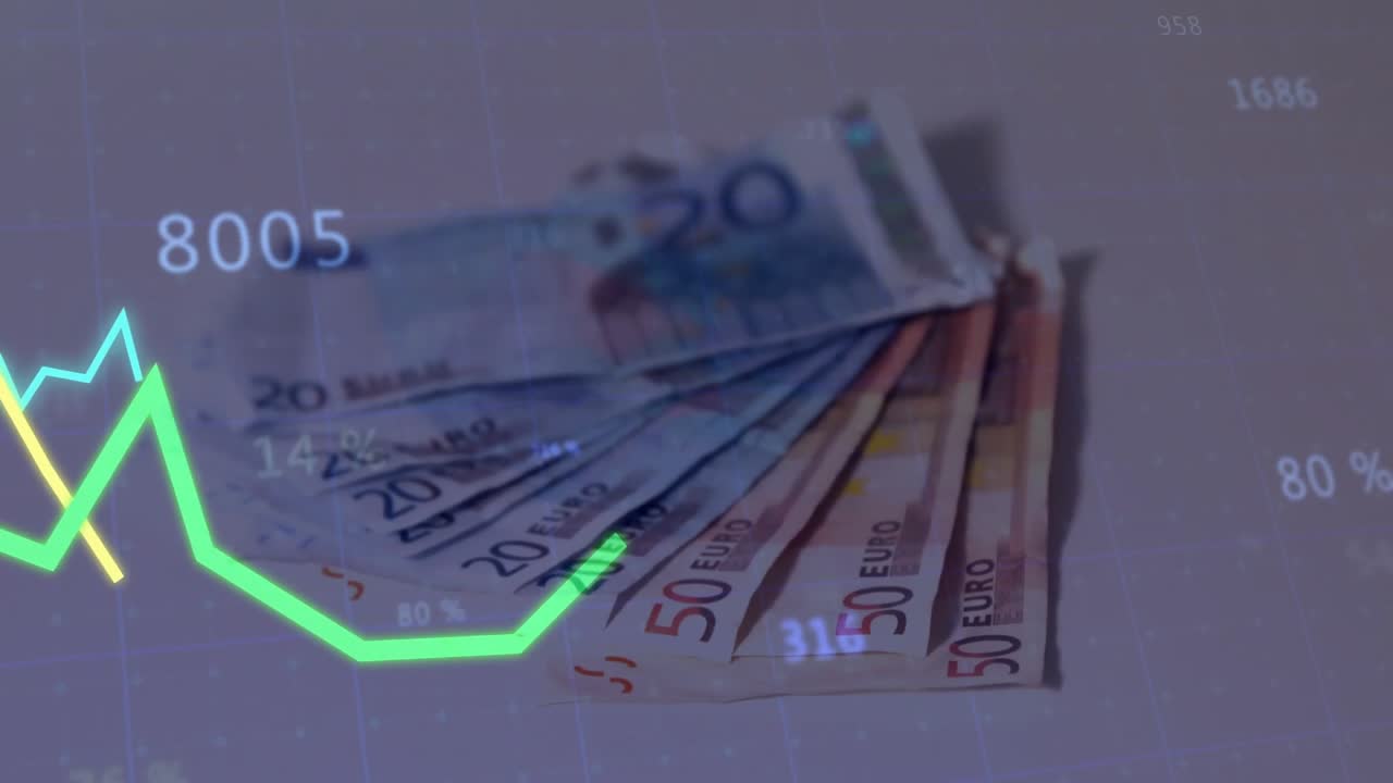 Banconote di euro impilate che si mettono a fuoco mentre una sovrapposizione scorre da sinistra e i grafici salgono rapidamente, mostrando guadagni