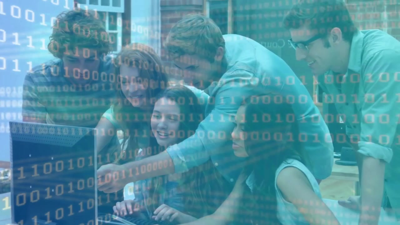 Curly-haired man gesturing binary overlay at teen coding in office, teammates highlighting error