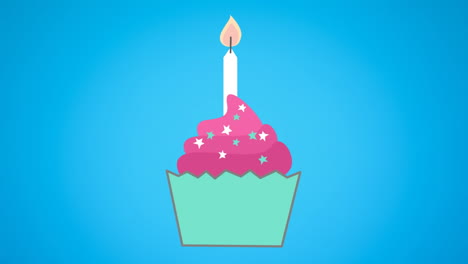 animation of birthday lit candle in cupcake on blue background