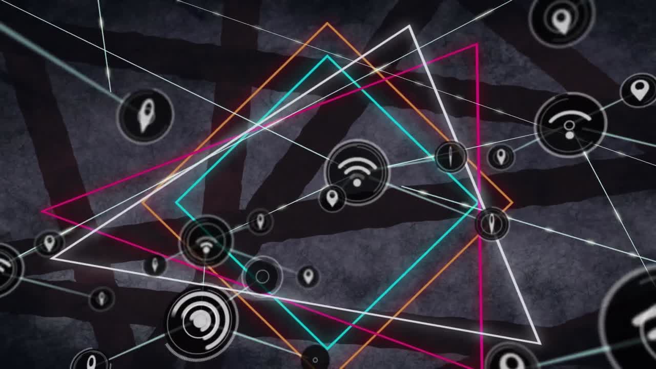 animación de la red de conexiones con iconos digitales sobre figuras geométricas