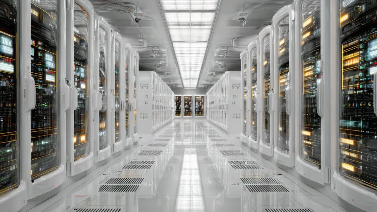 A Futuristic Data Center Featuring Rows of High-Tech Servers and Advanced Networking Equipment in a Clean, Well-Lit Environment for Efficient Data Management and Storage Solutions
