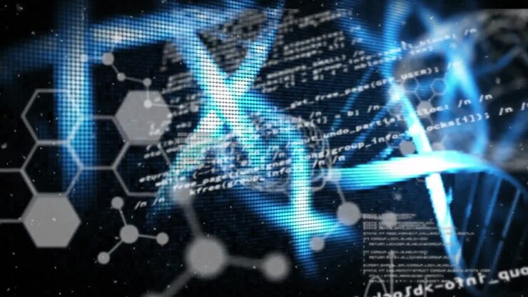 Animation of human brain, dna and molecular structures over data processing against blue background