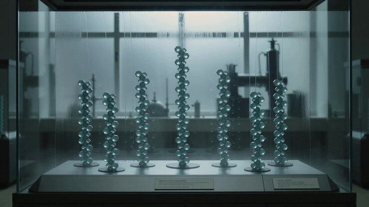 Forming moisture on cabinet glass making streaks down six aqua blue sphere stacks at window, labels