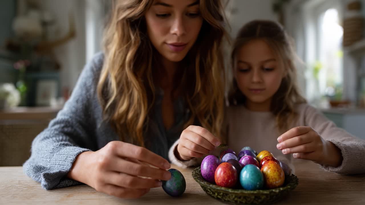 Um Momento Alegre de Decoração de Ovos de Páscoa: Mãe e Filha Criando Laços com Ovos Coloridos em um Ambiente Acolhedor, Celebrando Juntas as Tradições da Primavera