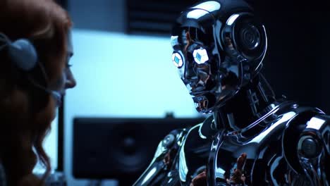an engaging interaction between a futuristic robot and a human in a high-tech environment, exploring the boundaries of technology and communication