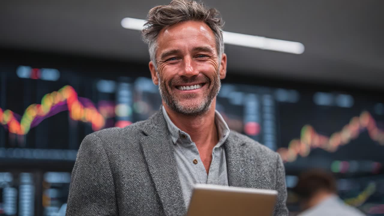 Sikker erhvervsperson, der smiler, mens vedkommende holder en tablet og viser positive finansielle tendenser på skærmene i baggrunden, hvilket indikerer succes i erhvervslivet