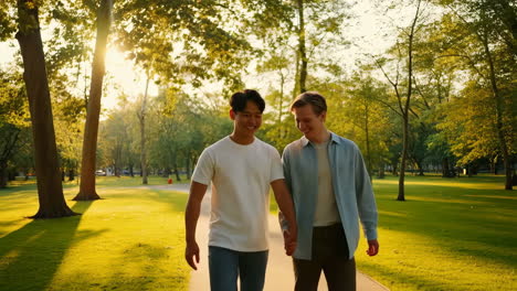 happy gay couple holding hands while walking in a sunny park