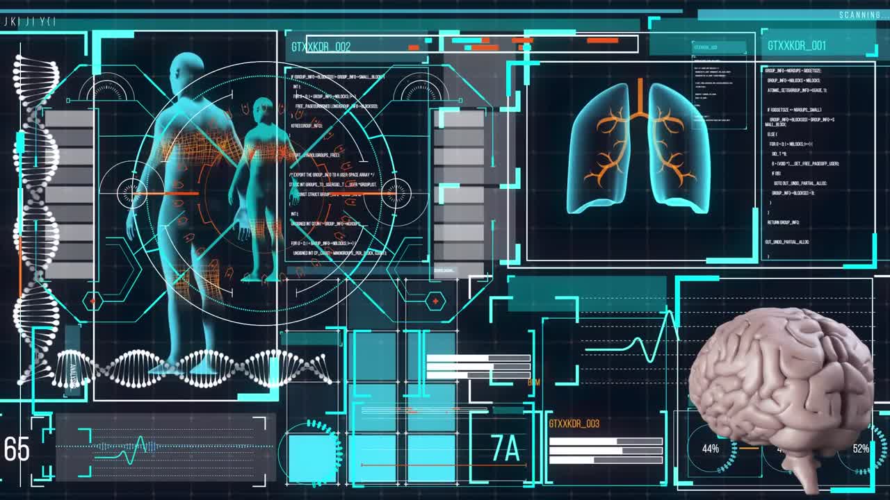 Digital animation of digital interface with medical data processing against black background