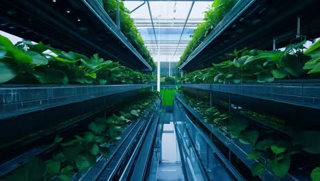 una granja vertical con filas de plantas que crecen en un entorno controlado