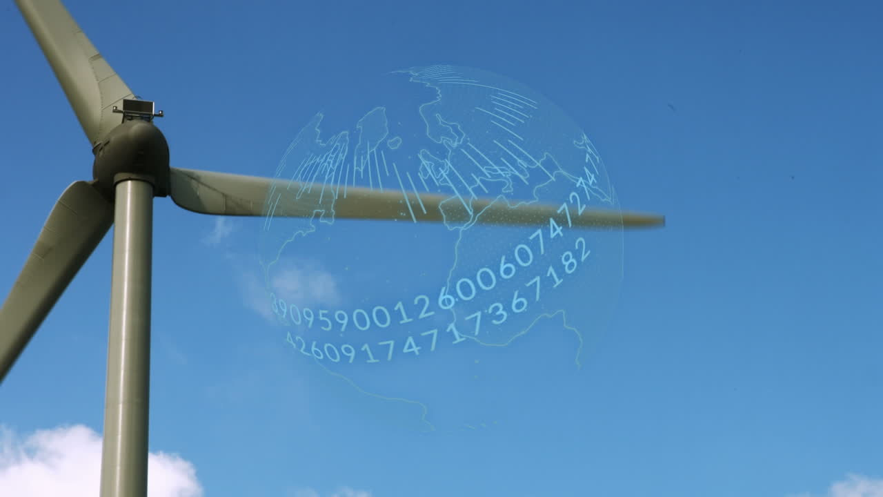 풍력 터빈을 통한 데이터 처리와 함께 지구와 숫자의 애니메이션
