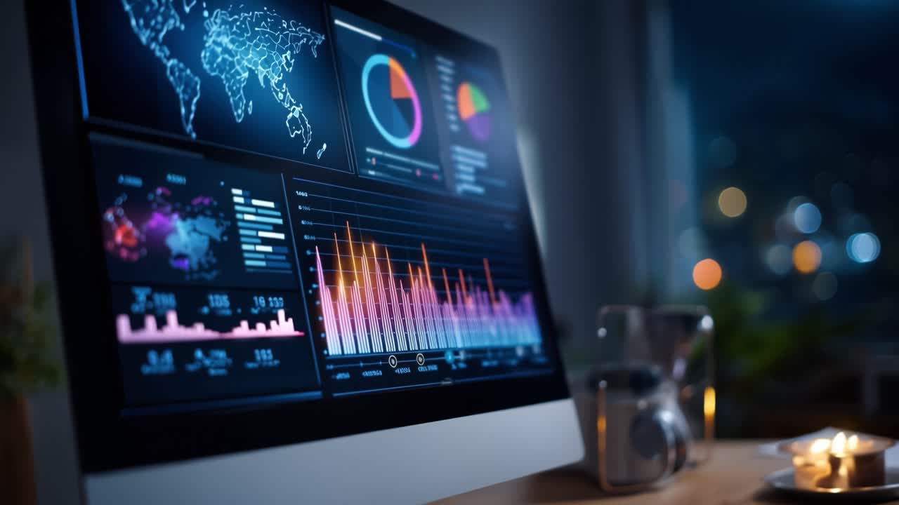 Analyzing Data Visualizations on a Modern Computer Display with Graphs, Maps, and Charts Illuminated in a Dimly Lit Workspace Setting